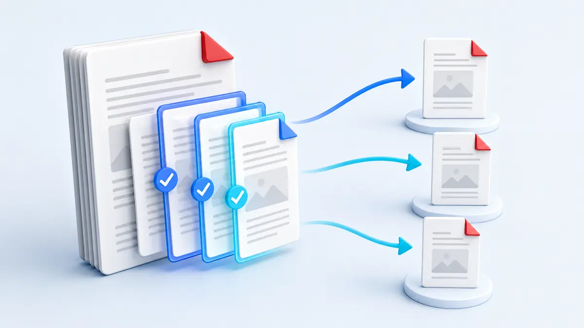 توضح الصورة مستند PDF متعدد الصفحات مع تحديد صفحات معينة وفصلها إلى ملفات مستقلة، بما يعبّر عن تقسيم PDF واستخراج الصفحات المطلوبة.